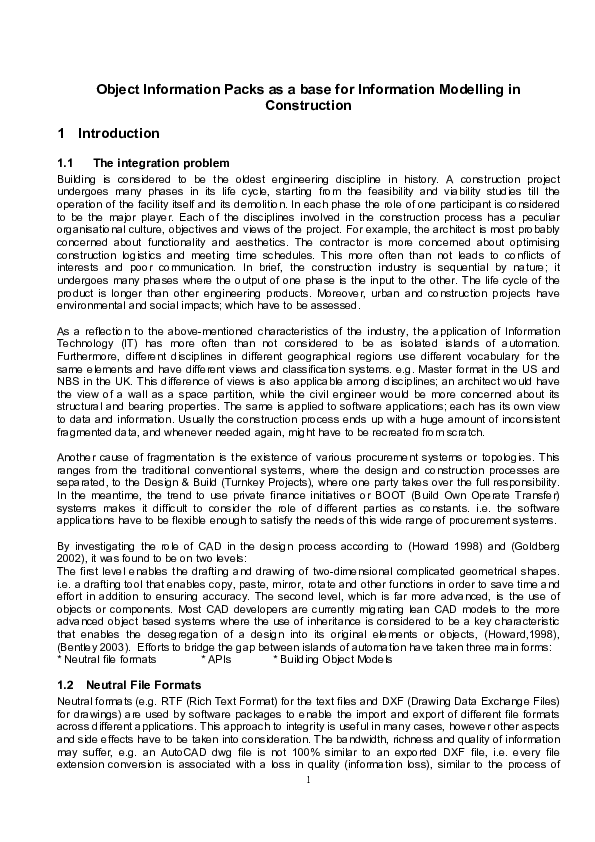 (PDF) Object Information Packs as a Base for Information Modelling in ...