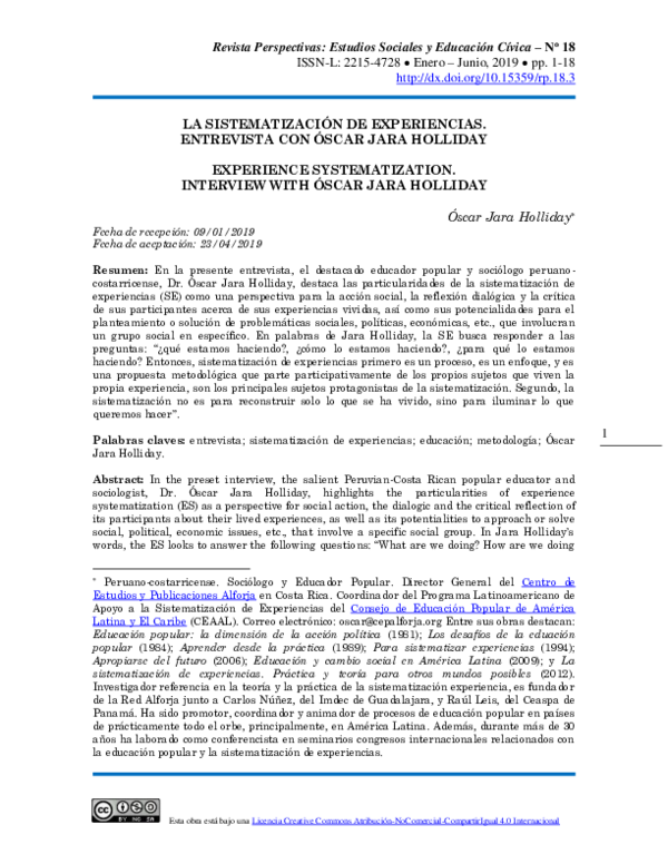 (PDF) La sistematización de experiencias. Entrevista con Óscar Jara