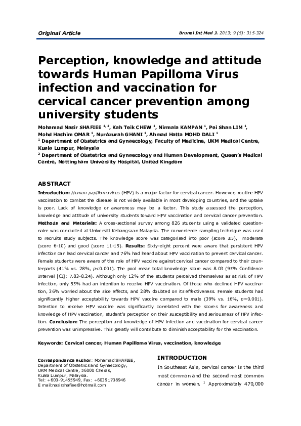 (PDF) Perception, knowledge and attitude towards Human Papilloma Virus ...