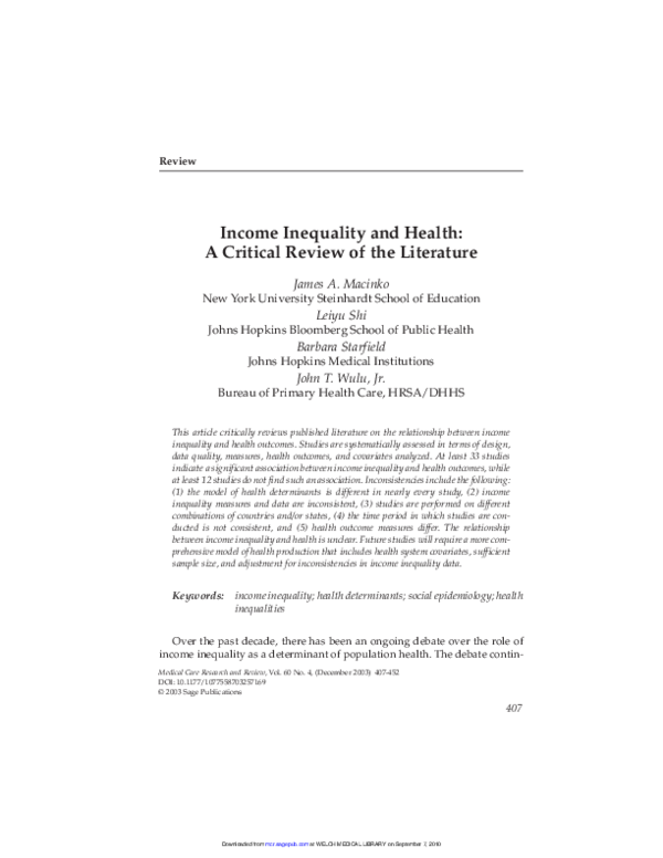 (PDF) Income Inequality and Health: A Critical Review of the Literature