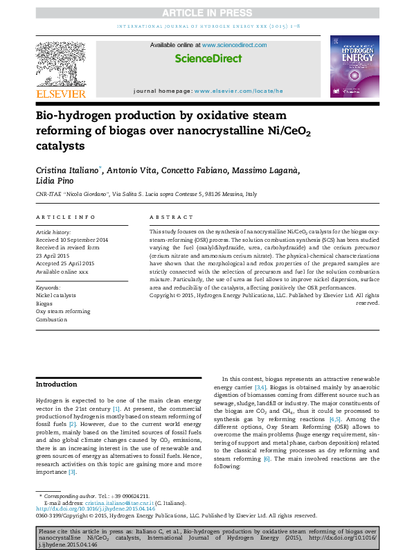 (PDF) Bio-hydrogen production by oxidative steam reforming of biogas ...