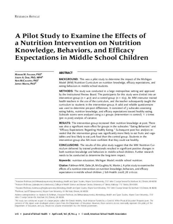 (PDF) A Pilot Study to Examine the Effects of a Nutrition Intervention ...