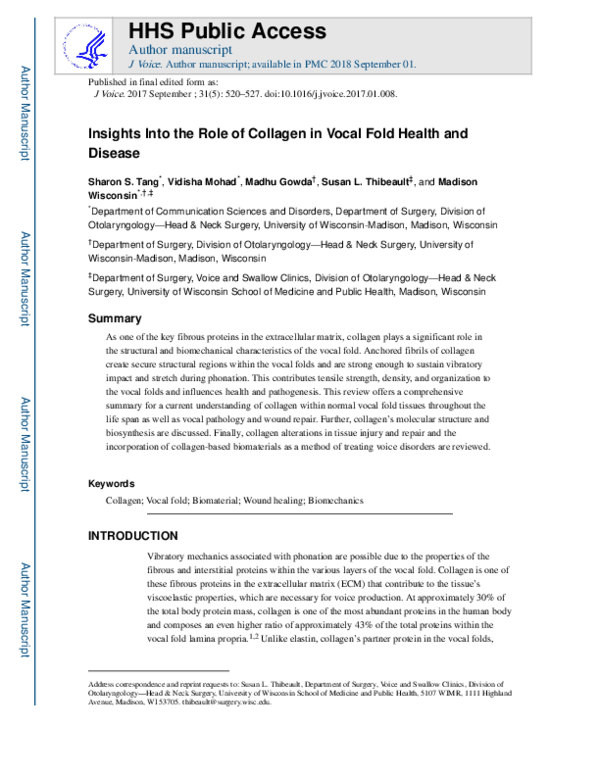 (PDF) Insights Into the Role of Collagen in Vocal Fold Health and Disease