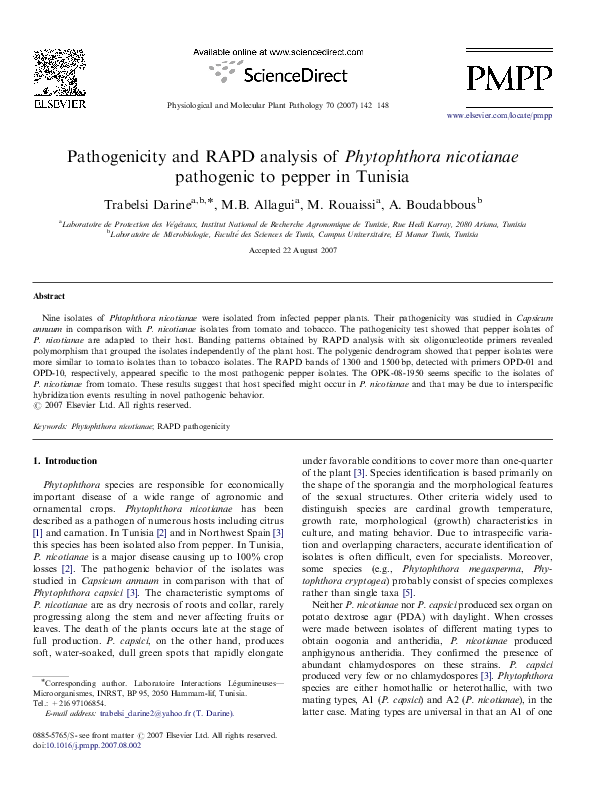 (PDF) Pathogenicity and RAPD analysis of Phytophthora nicotianae ...