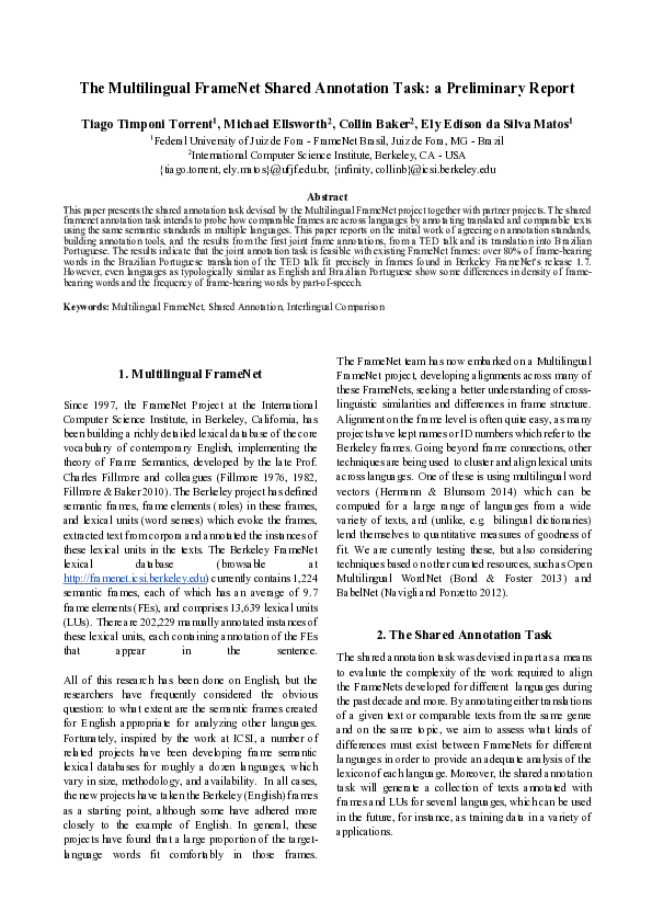 (PDF) The Multilingual FrameNet Shared Annotation Task : a Preliminary ...