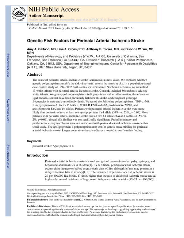 (PDF) Genetic Risk Factors for Perinatal Arterial Ischemic Stroke