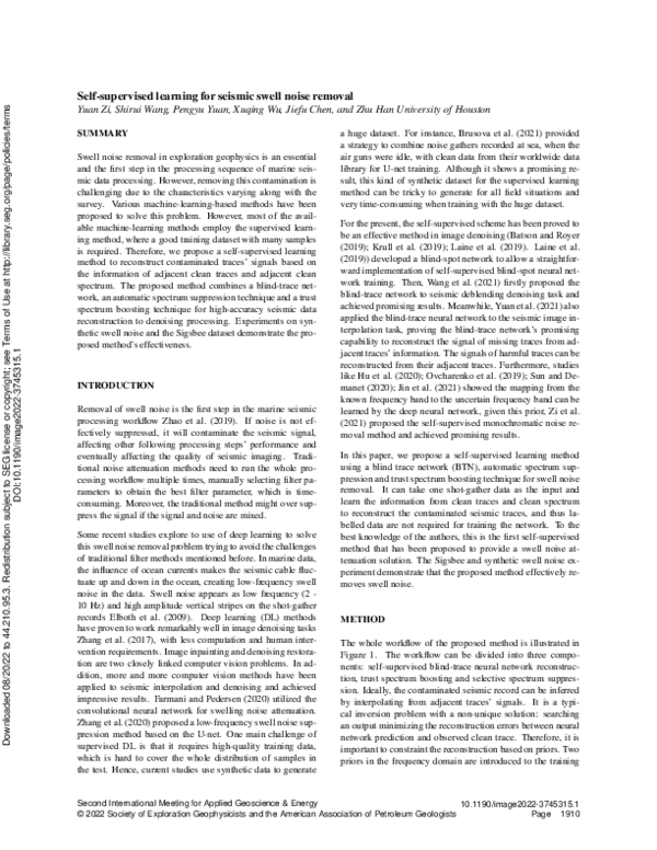 Pdf Self Supervised Learning For Seismic Swell Noise Removal