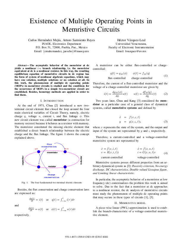 (PDF) Existence of multiple operating points in memristive circuits