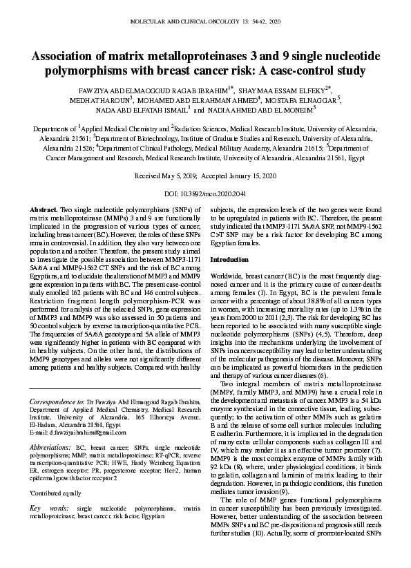 (PDF) Association of matrix metalloproteinases 3 and 9 single ...