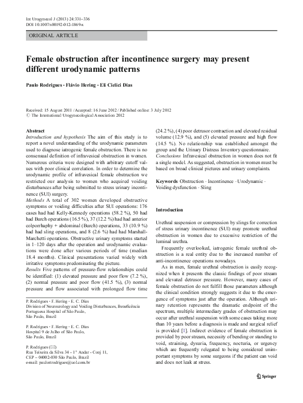 (PDF) Female obstruction after incontinence surgery may present ...