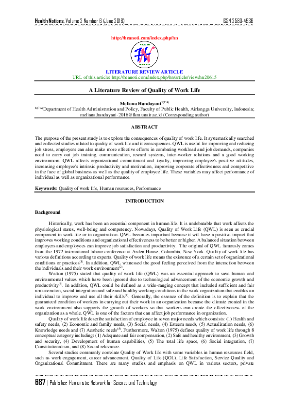 (PDF) A Literature Review of Quality of Work Life