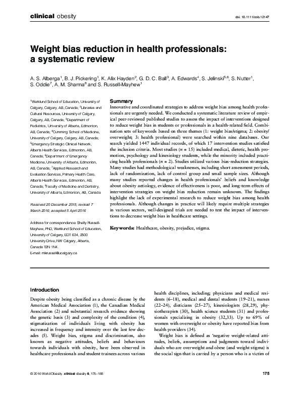 (PDF) Weight bias reduction in health professionals: a systematic review