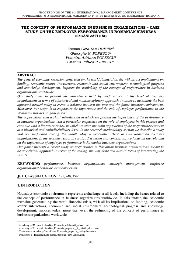 (PDF) The Concept of Performance in Business Organizations – Case Study ...