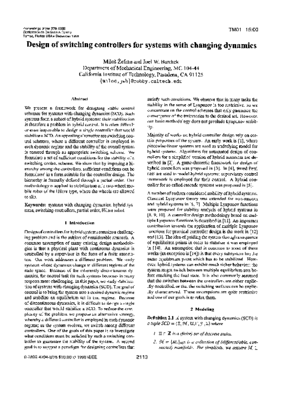 (PDF) Design of switching controllers for systems with changing dynamics
