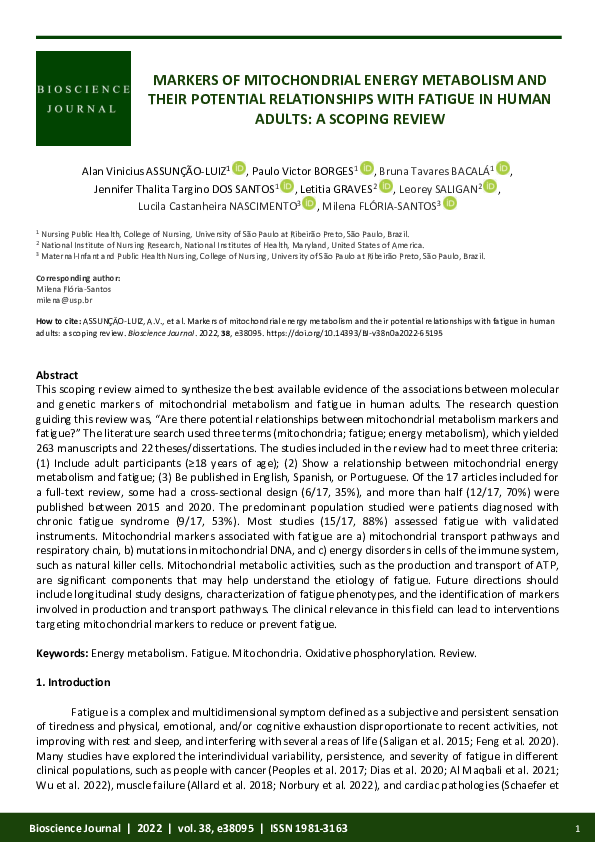 (PDF) Markers of mitochondrial energy metabolism and their potential ...