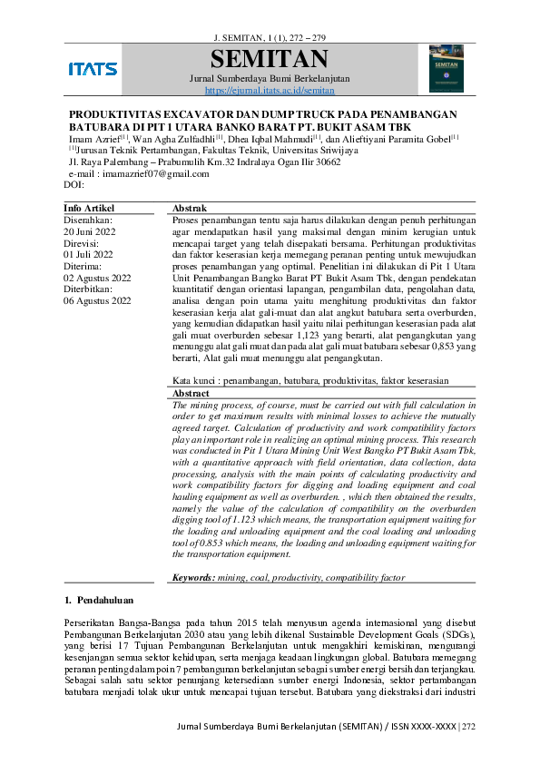 Pdf Produktivitas Excavator Dan Dump Truck Pada Penambangan Batubara