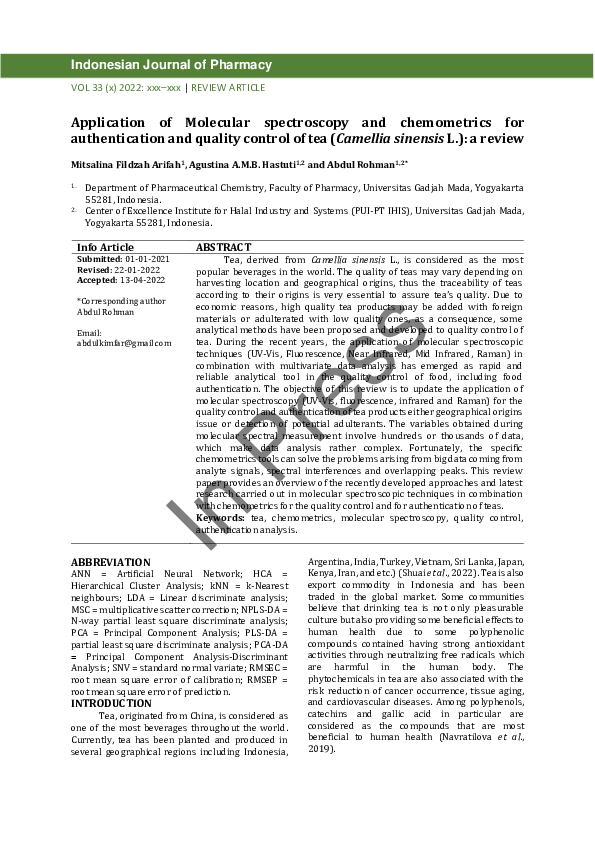 (PDF) Application of Molecular spectroscopy and chemometrics for ...