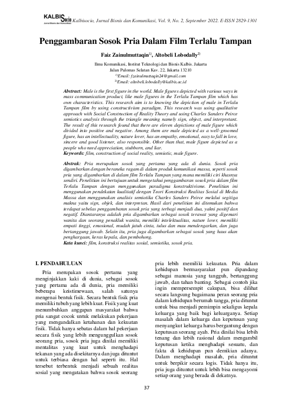 (PDF) Penggambaran Sosok Pria Dalam Film Terlalu Tampan