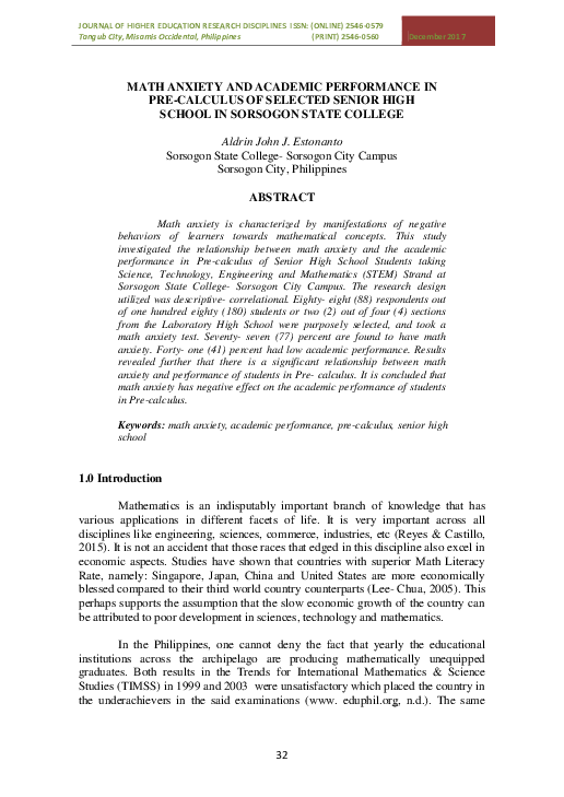 (PDF) Math Anxiety and Academic Performance in Pre- Calculus of ...