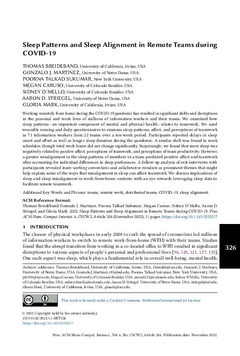 (PDF) Sleep Patterns and Sleep Alignment in Remote Teams during COVID-19