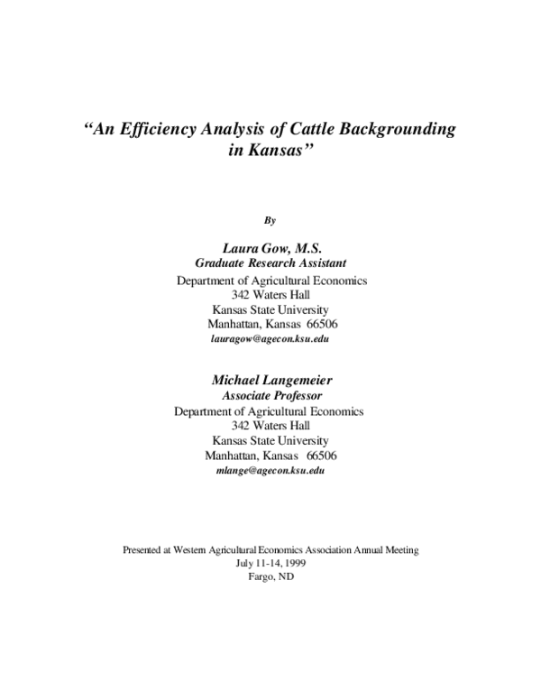 (PDF) An Efficiency Analysis of Cattle Backgrounding in Kansas