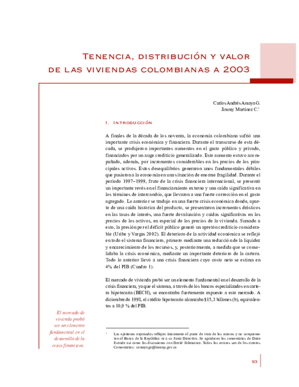 (PDF) Tenencia, distribución y valor de las viviendas colombianas a 2003