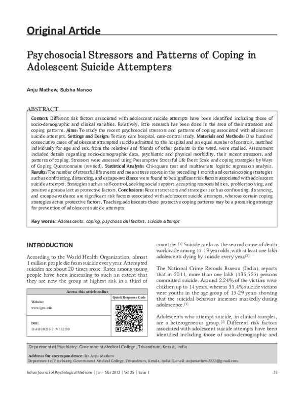 (PDF) Psychosocial Stressors and Patterns of Coping in Adolescent ...