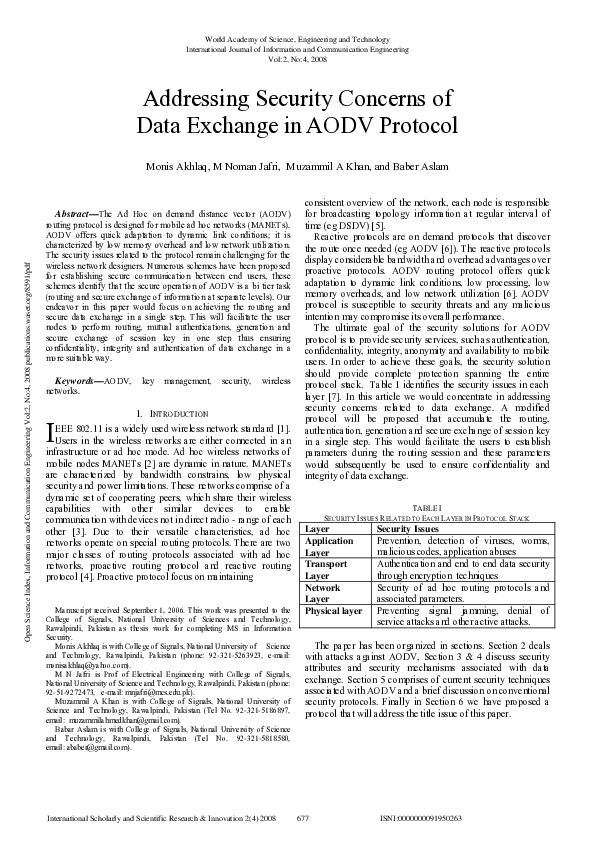 (PDF) Addressing Security Concerns Of Data Exchange In Aodv Protocol