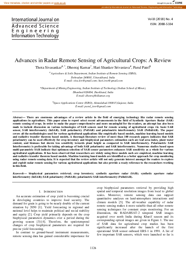 (PDF) Advances in Radar Remote Sensing of Agricultural Crops: A Review