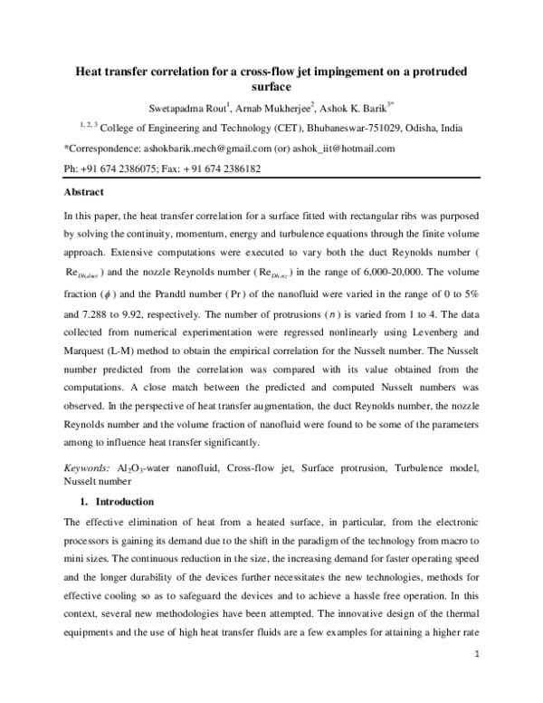 (PDF) Heat transfer correlation for a cross-flow jet impingement on a ...