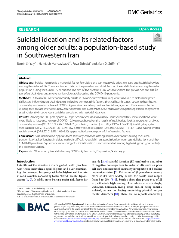 (PDF) Suicidal ideation and its related factors among older adults: a ...