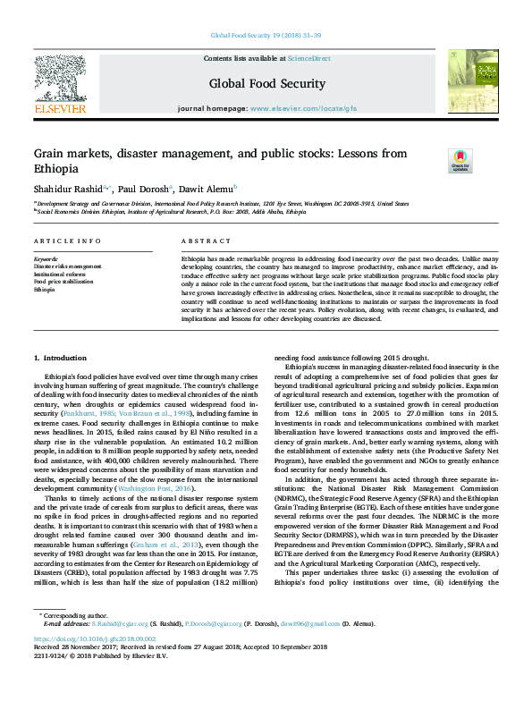 (PDF) Grain markets, disaster management, and public stocks: Lessons ...