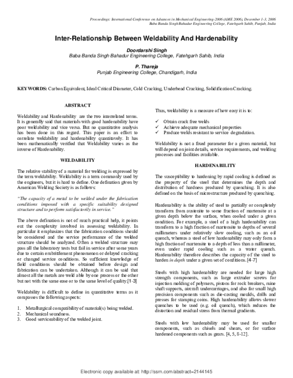 (PDF) Inter-Relationship between Weldability and Hardenability