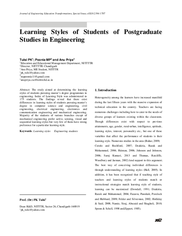 (PDF) Learning Styles of Students of Postgraduate Studies in Engineering