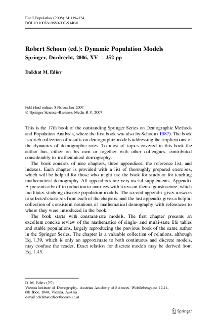 (PDF) Robert Schoen (ed.): Dynamic Population Models