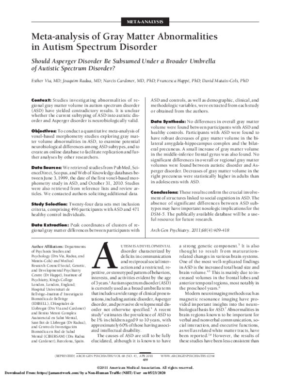 (PDF) Meta-analysis of Gray Matter Abnormalities in Autism Spectrum ...