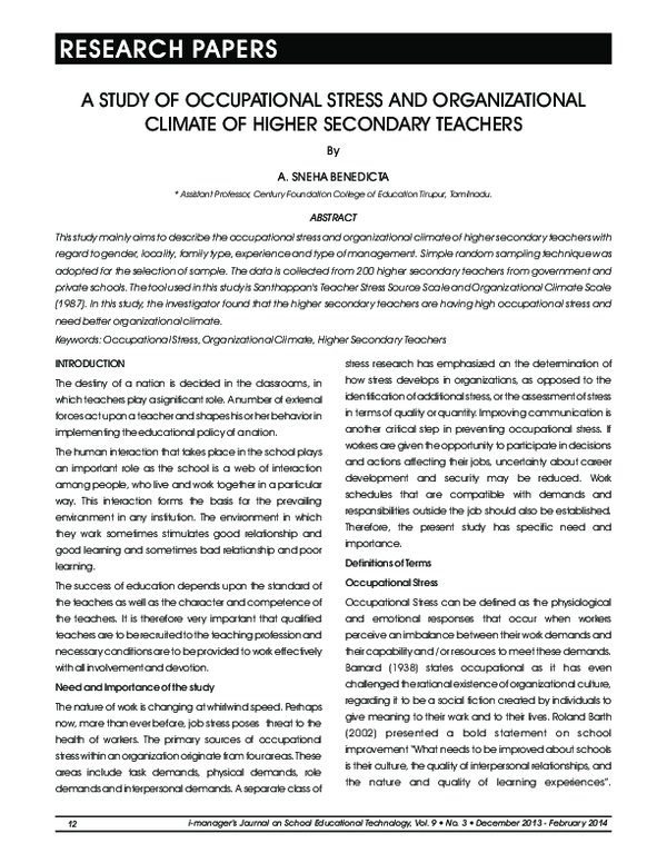(PDF) A Study of Occupational Stress and Organizational Climate of ...