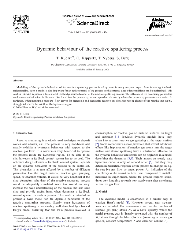 (PDF) Dynamic behaviour of the reactive sputtering process