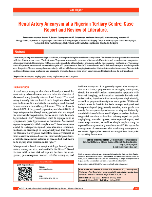 (PDF) Renal artery aneurysm at a Nigerian tertiary centre: Case report ...