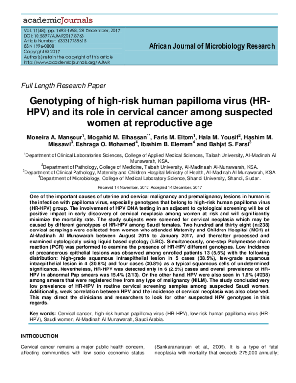 (PDF) Genotyping of high-risk human papilloma virus (HR-HPV) and its ...