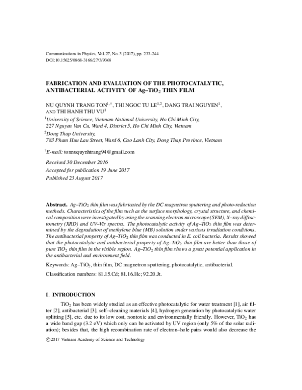 (PDF) Fabrication and Evaluation of the Photocatalytic, Antibacterial ...