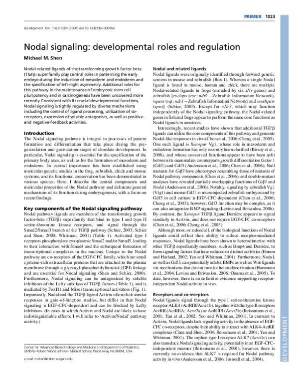 (PDF) Nodal signaling: developmental roles and regulation