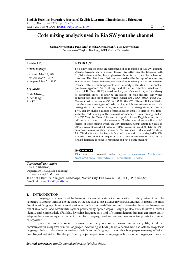 (PDF) Code mixing analysis used in Ria SW youtube channel