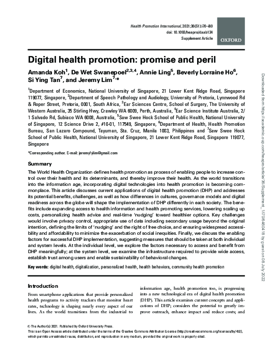 (PDF) Digital health promotion: promise and peril