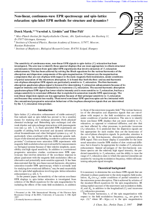 (PDF) Non-linear, continuous-wave EPR spectroscopy and spin–lattice ...