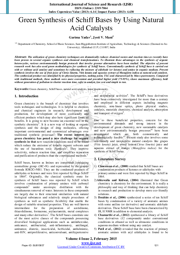(PDF) Green Synthesis of Schiff Bases by Using Natural Acid Catalysts