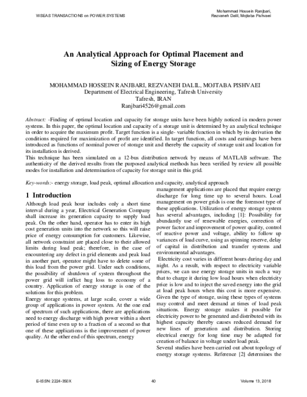 (PDF) An Analytical Approach for Optimal Placement and Sizing of Energy ...