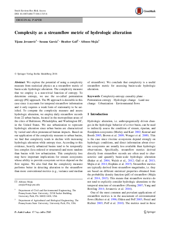 (PDF) Complexity as a streamflow metric of hydrologic alteration