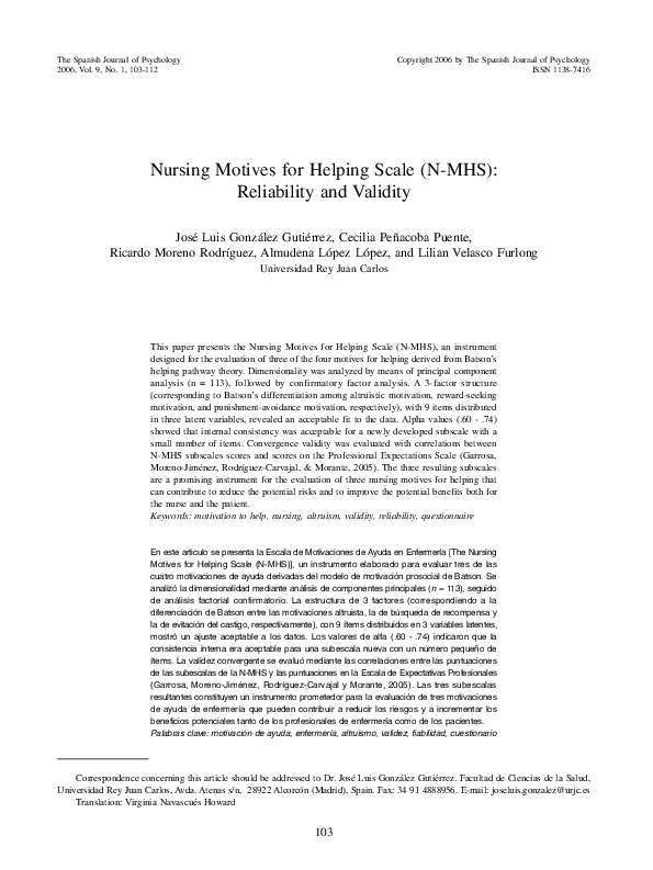 (PDF) Nursing Motives for Helping Scale (N-MHS): Reliability and Validity