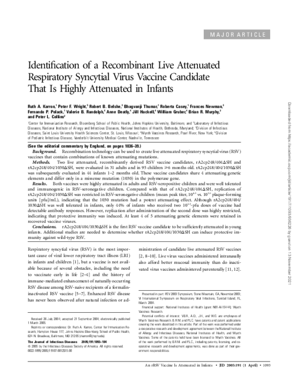 (PDF) Identification of a Recombinant Live Attenuated Respiratory ...